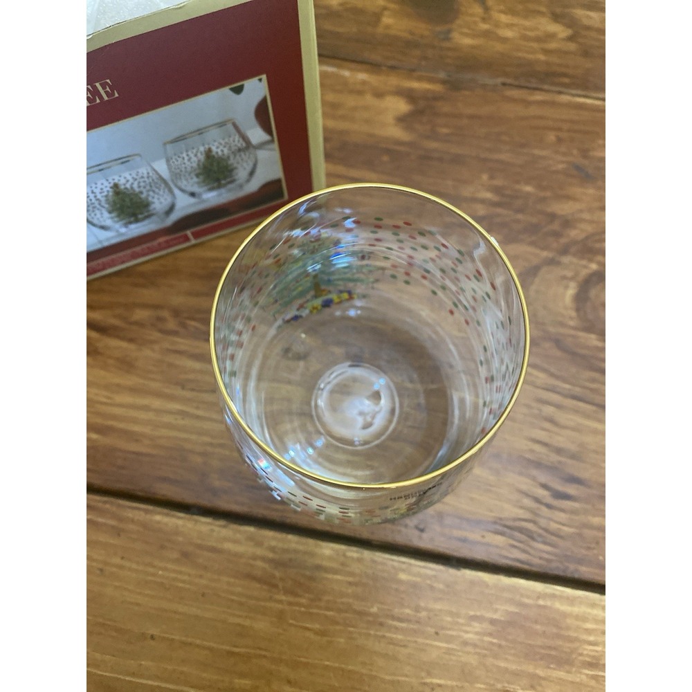Spode Stemless Wine Glasses Set of 4 19oz Clear Christmas Tree Gold Rim Holiday - Picture 4 of 6